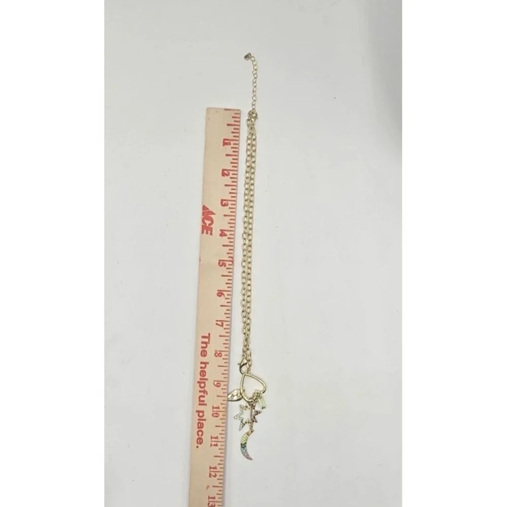 Gold Tone Charm Statement‎ Necklace Rainbow Stones Heart Star Moon Adjustable